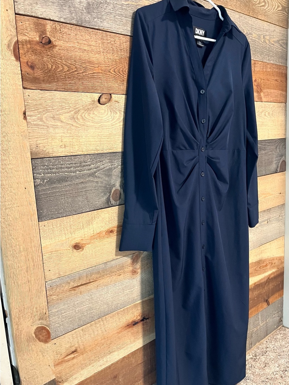 DKNY Navy Twist-Front Long Sleeve Shirt Dress - Picture 2 of 3